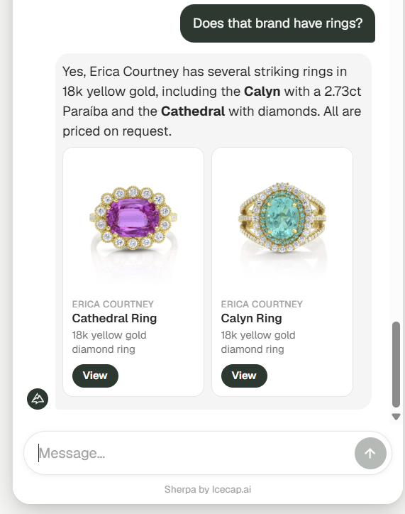 Sherpa recommends rings from the catalog in a live chat
